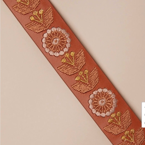 NWT Lucky Brand Golden Floral Embroidered Belt in Medium Brown main image 4